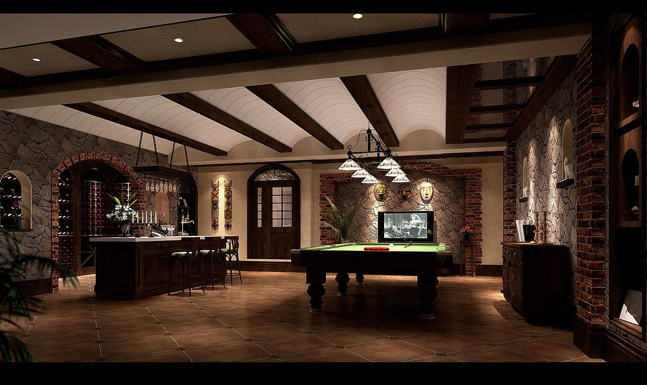 600平方米美式乡村,实木吊顶加仿古砖加持