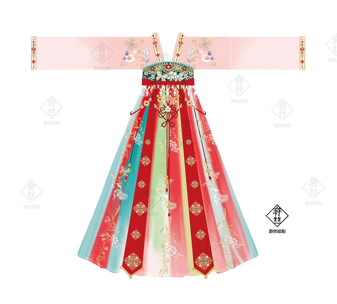 山茶 齐胸唐制汉服（图ZMzQzNzMyOTg0） - 传统/民族服饰 - 站酷设计师游丝画画中原创素材 - 站酷ZCOOL