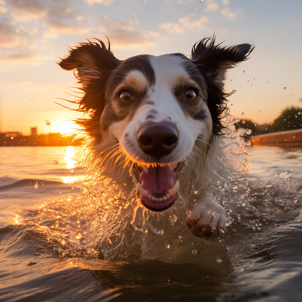 欢快明亮的边境牧羊犬在日落时分的河中游泳