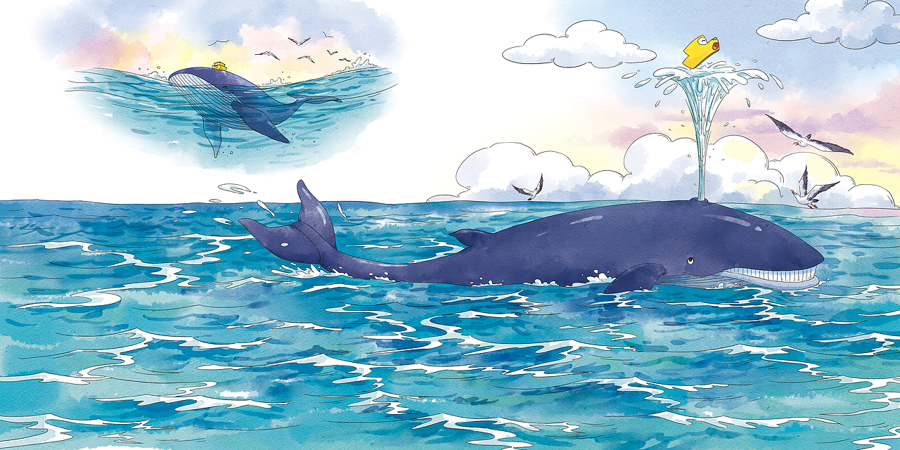 "在海里旅行时,我还坐在鲸鱼的背上,它的背既宽敞又舒服,可就是,偶尔