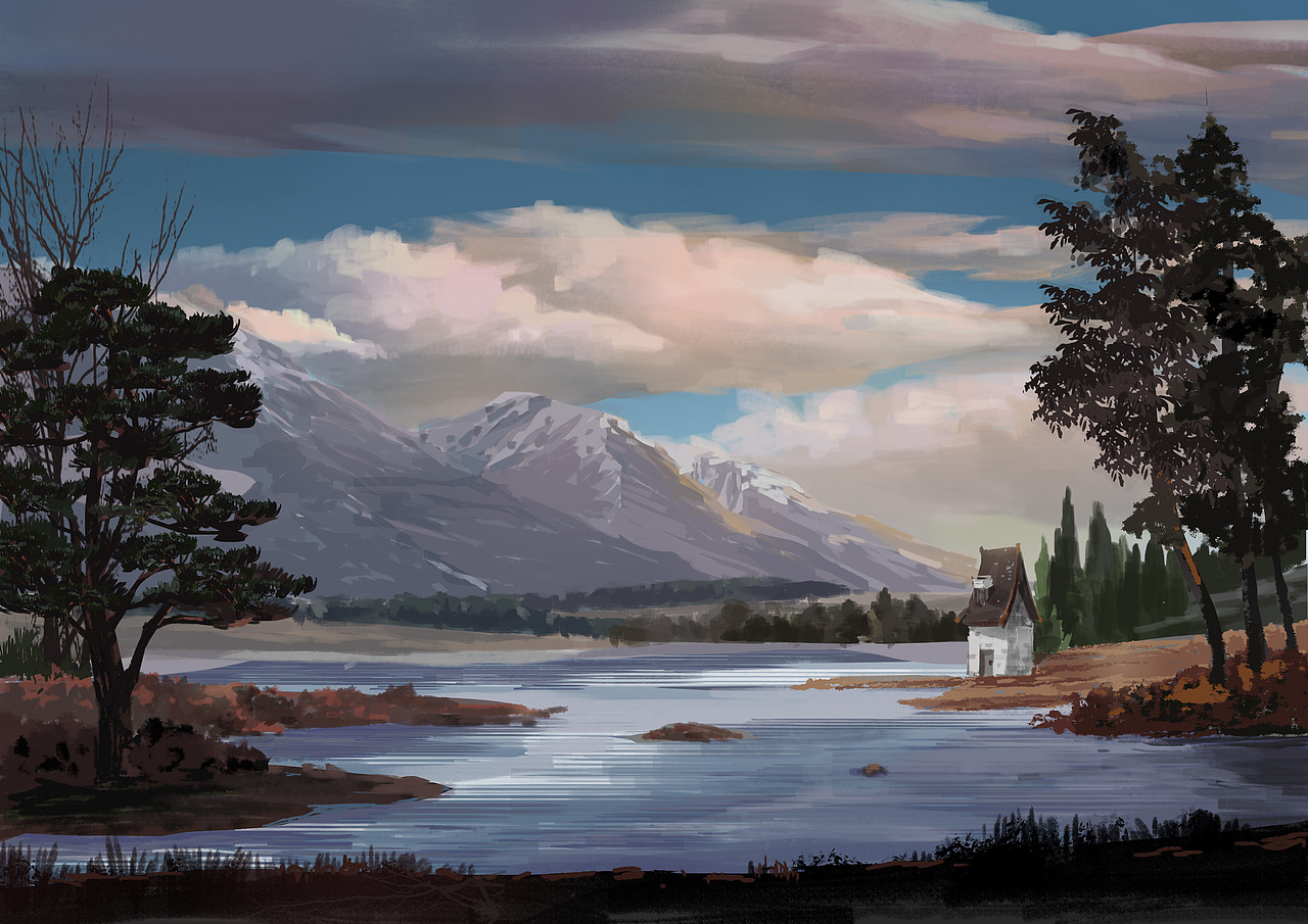 夕阳雪山小房子