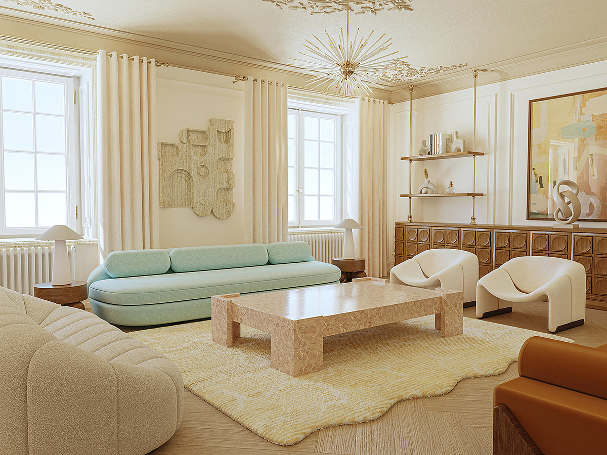 客厅地毯是波浪形的设计,也与两张曲线单椅的设计相得益彰〰️