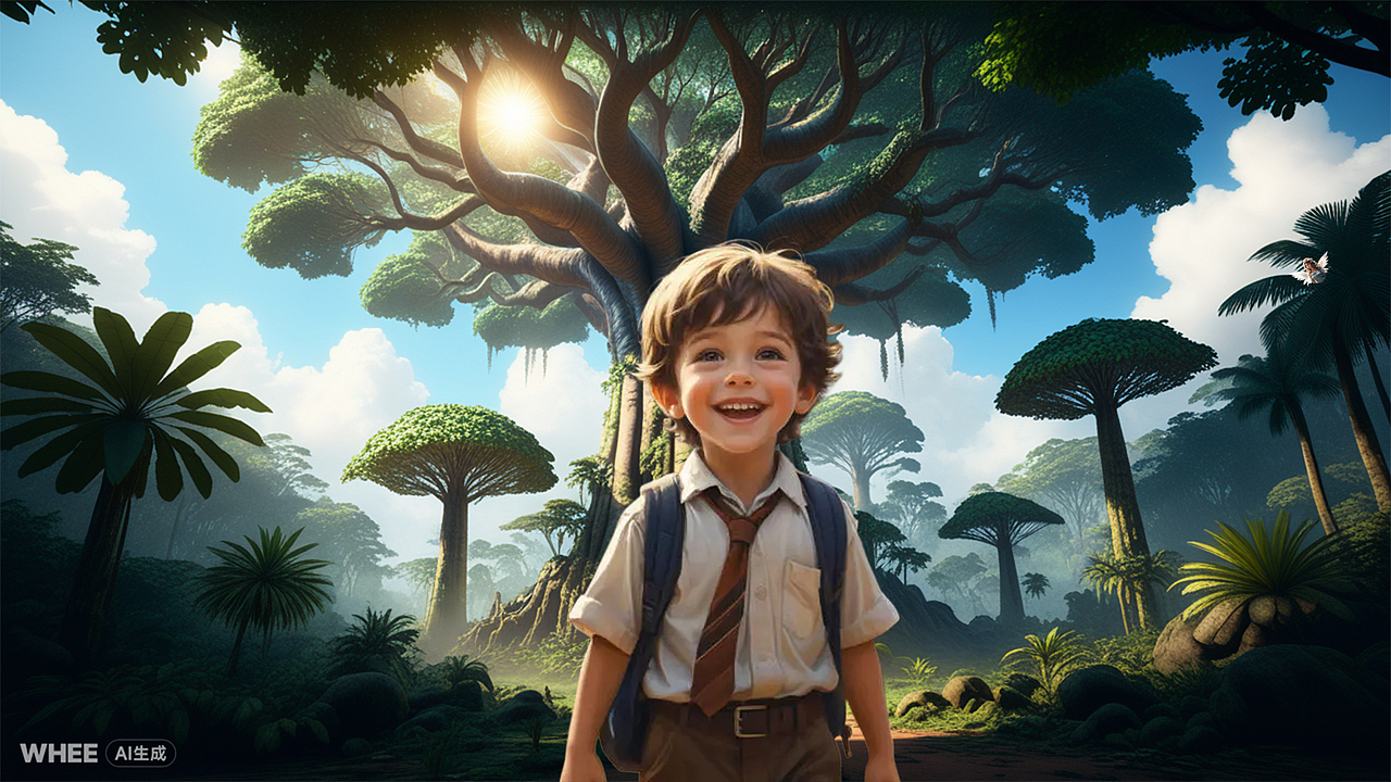 小汤姆非常开心，他跑到面包树下，大声说谢谢仙女姐姐。仙女阿卡躲在树上也替小汤姆开心。