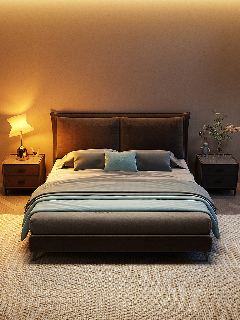 卧室科技绒布床产品场景效果图