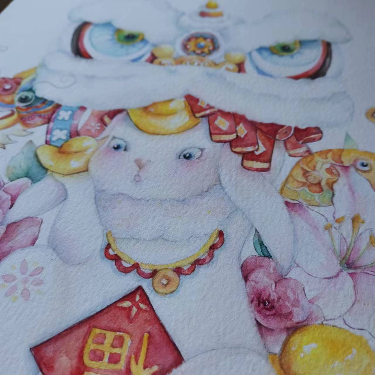 水彩插畫 《兔年舞獅龍》（圖ZMzMxOTIxNTQ4） - 商業(yè)插畫 - 站酷設(shè)計師hbjoan原創(chuàng)素材 - 站酷ZCOOL