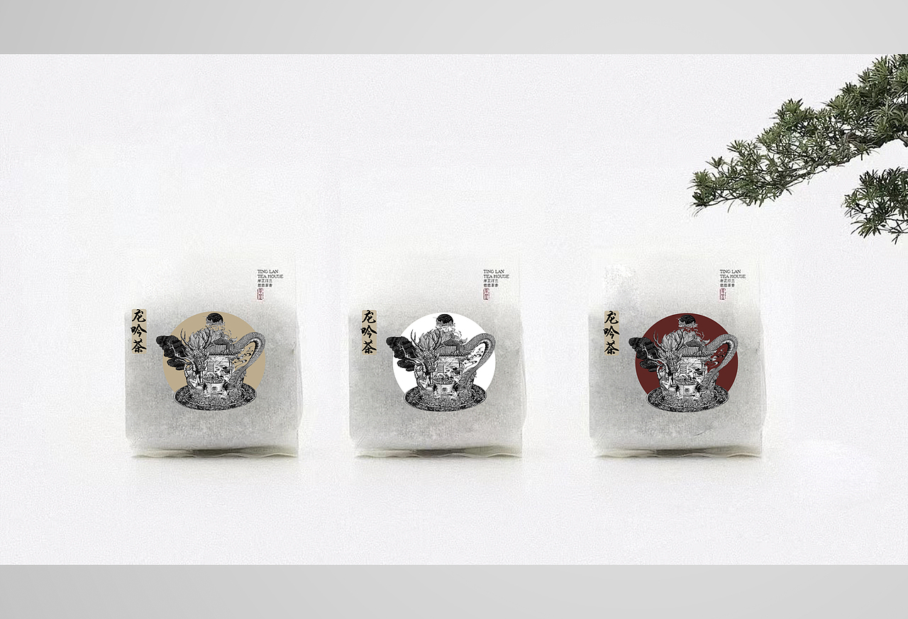 龙吟茶包装插画设计（动物与茶叶）-版画风