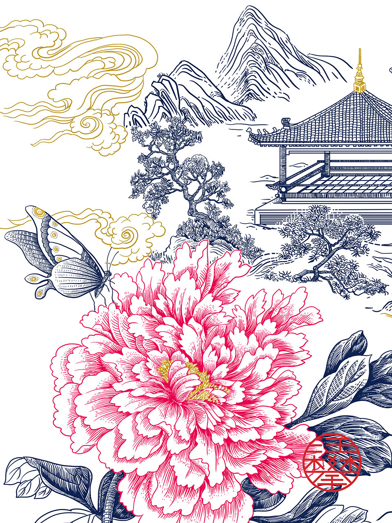 牡丹亭铜版画,牡丹酒,牡丹茶,化妆品包装插画设计