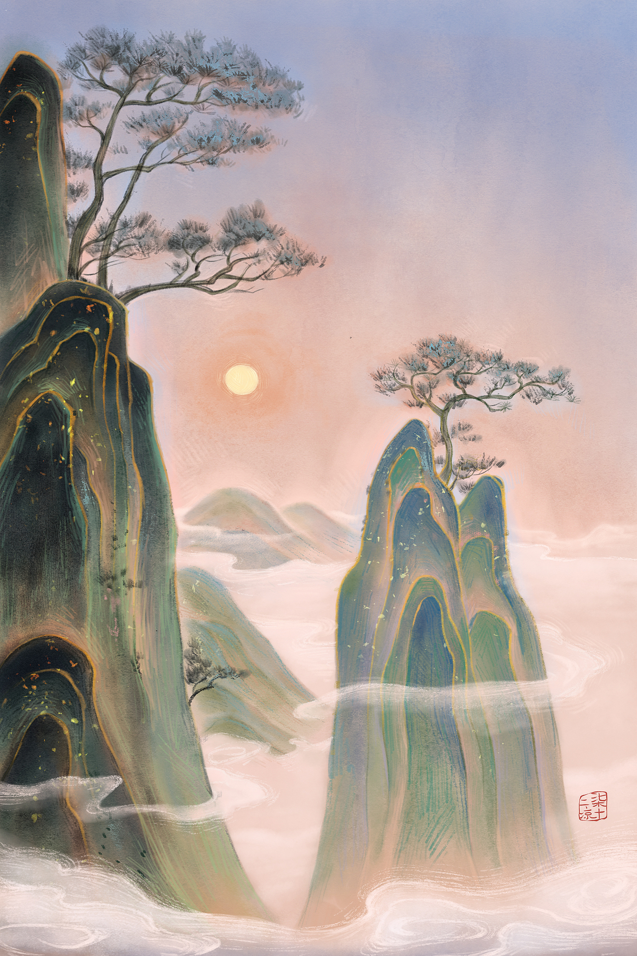 一山一孤影 一木一云天-古风插画