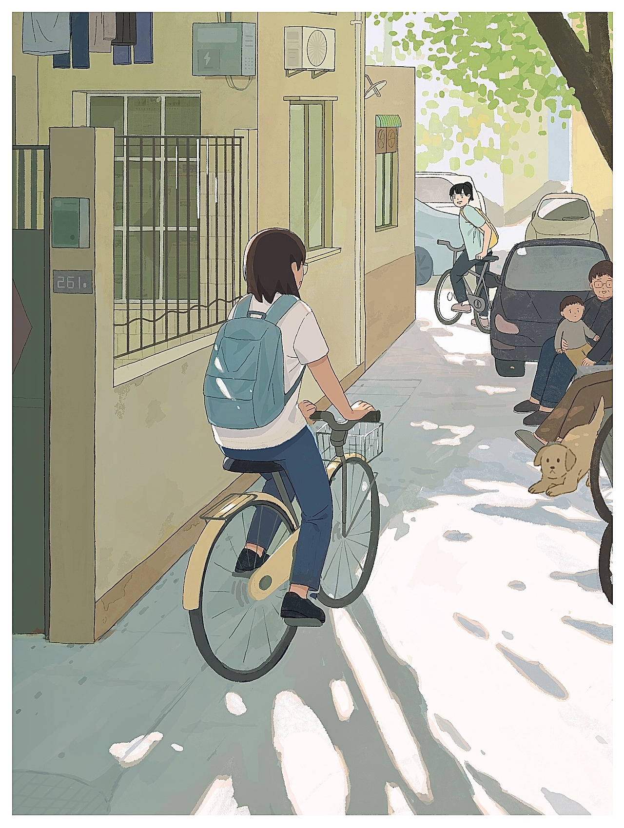 和朋友骑共享单车,穿梭在小巷子里