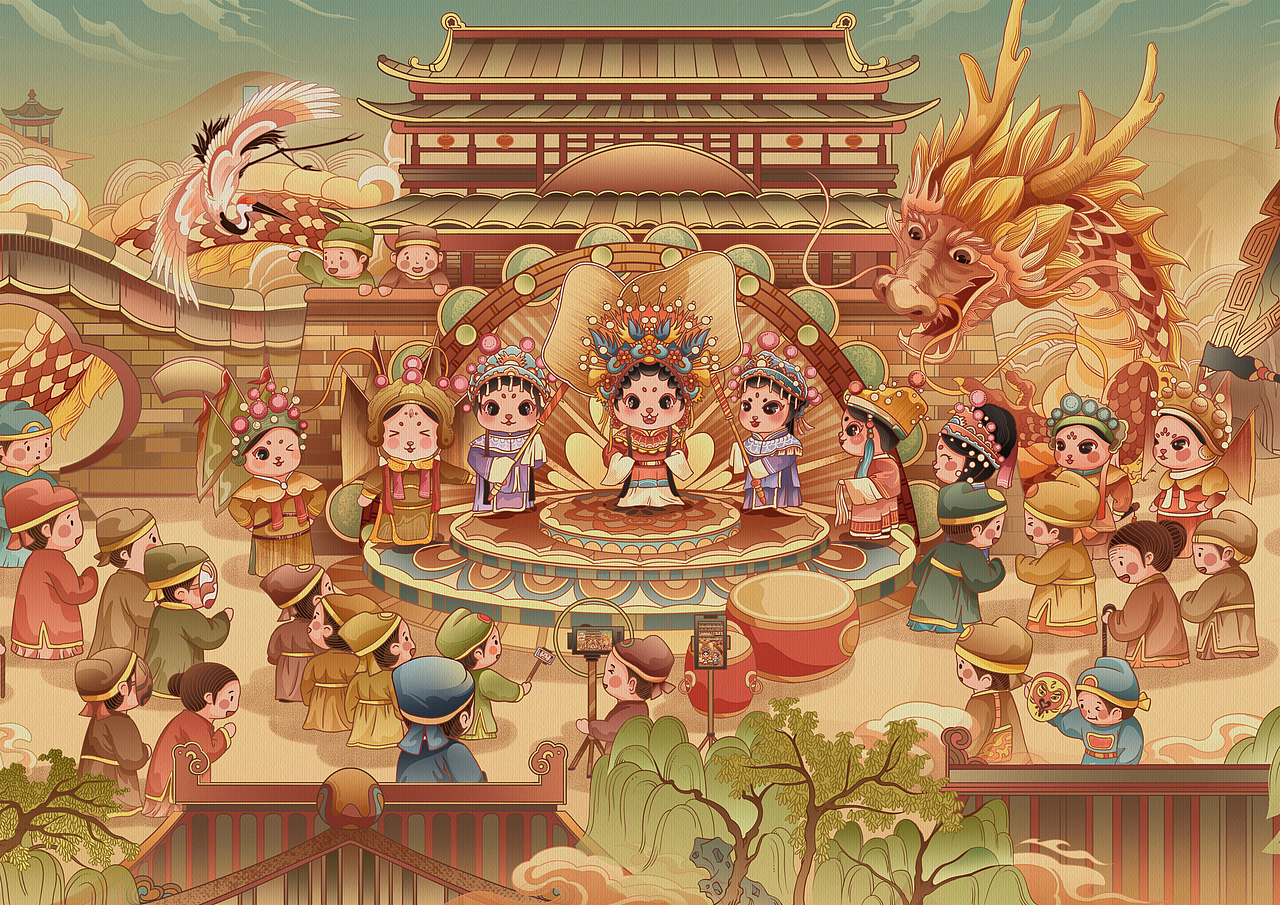 秦腔戏曲非遗长卷国潮插画——《秦腔街》（图ZMzQ0OTUwMDY4） - 商业插画 - 站酷设计师画画的阿城原创素材 - 站酷ZCOOL