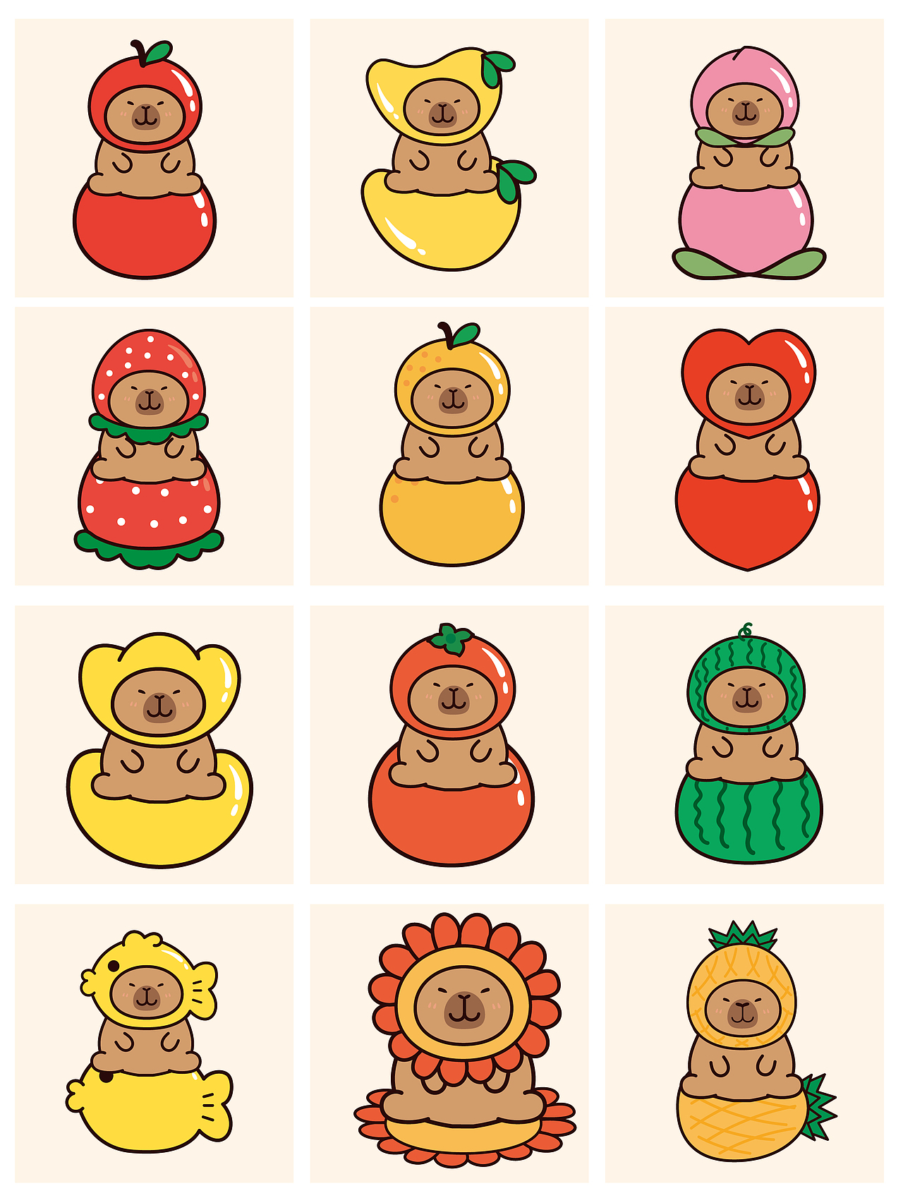 卡皮巴拉水豚萌萌IP卡通形象插画水果系列