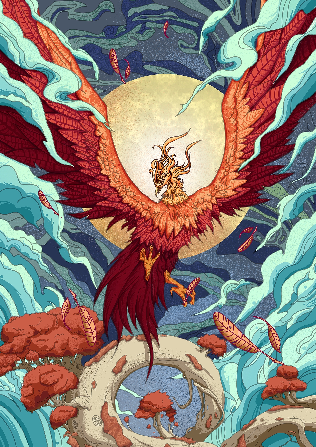 朱雀，是中国古代神话中的天之四灵之一，源于远古星宿崇拜，是代表炎帝与南方七宿的南方之神，于八卦为离，于五行主火，象征四象中的老阳，四季中的夏季，同时也是天之南陆。在先秦被认为能接引死者灵魂上升于天，后世认为其能予人长生。本案设计为朱雀从所栖的神木上起飞展翅的形象，周边云雾被翅膀展开的风所破开，向两边分散开来。
