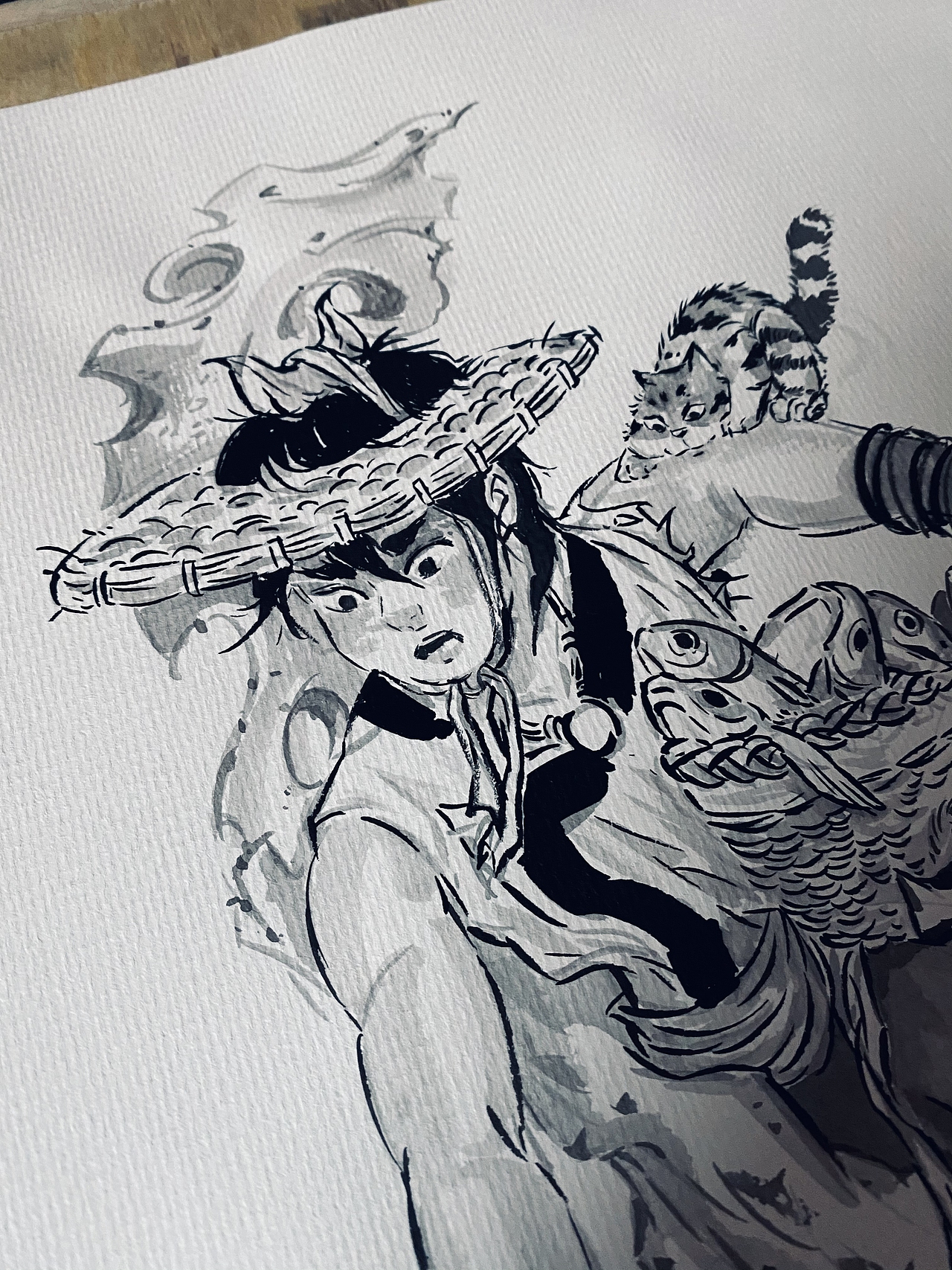 水墨-宝儿喂猫图