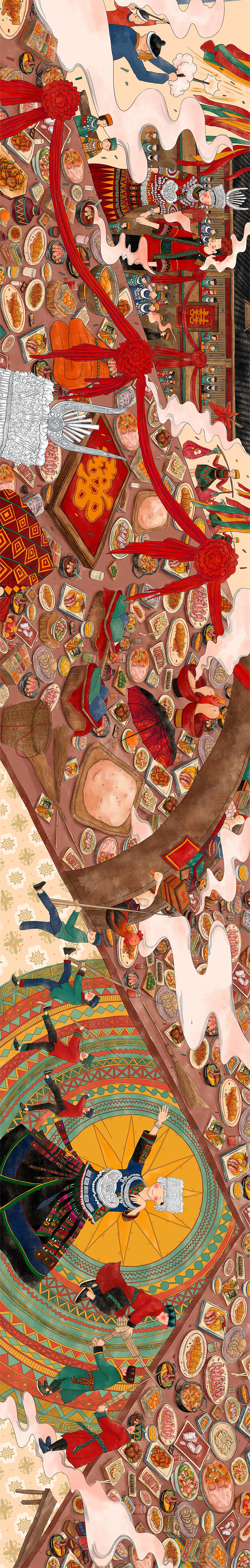 “生笙宴”黔东南地区苗族节日卷轴插画