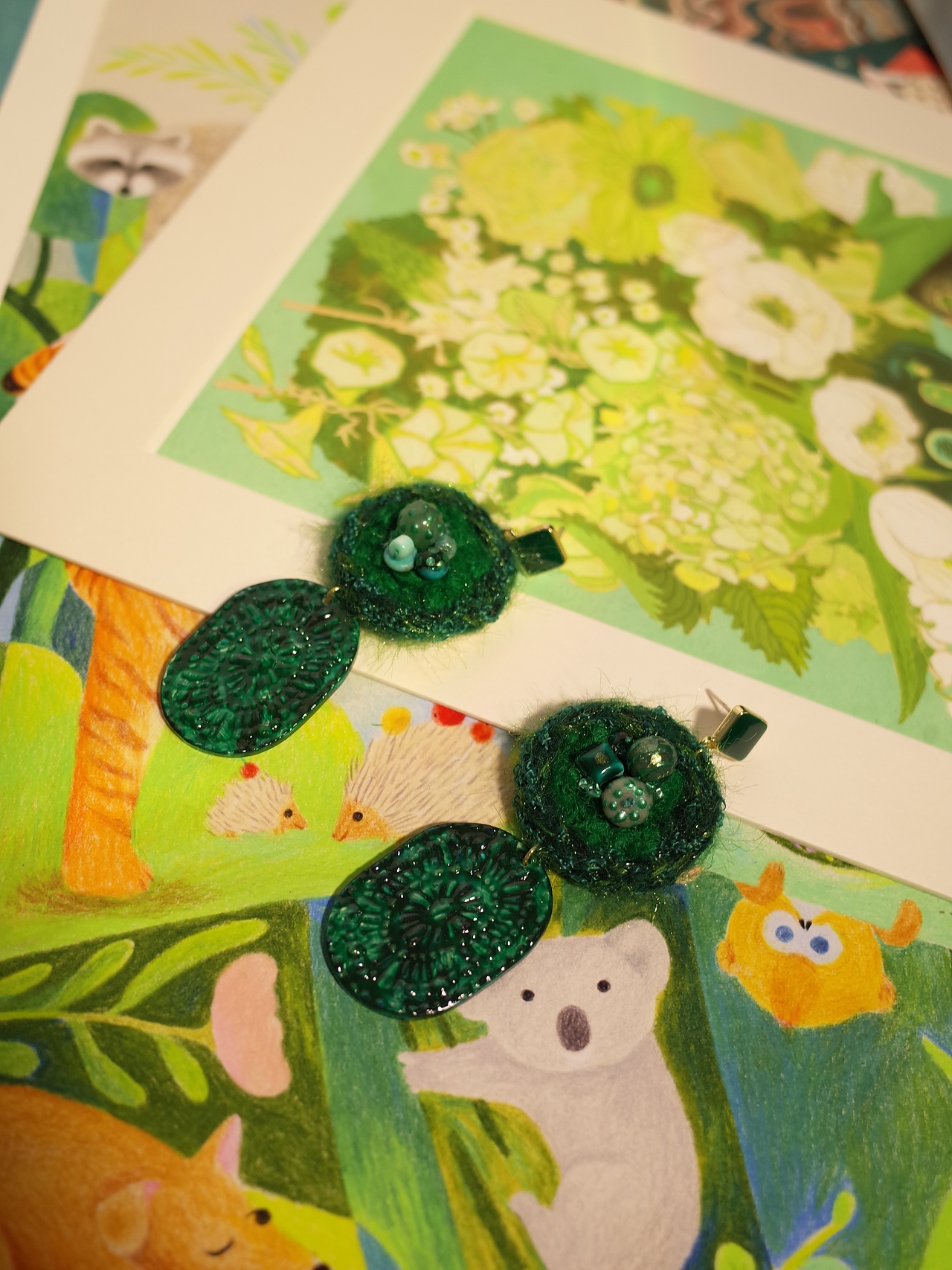 原创|绿色系刺绣耳环