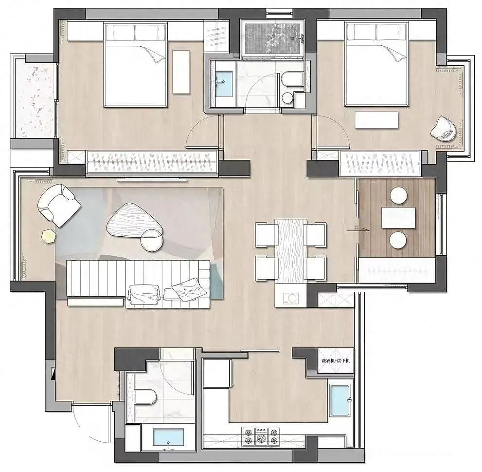85㎡现代简约风,木饰面+暗色调搭配,小而精致的空间