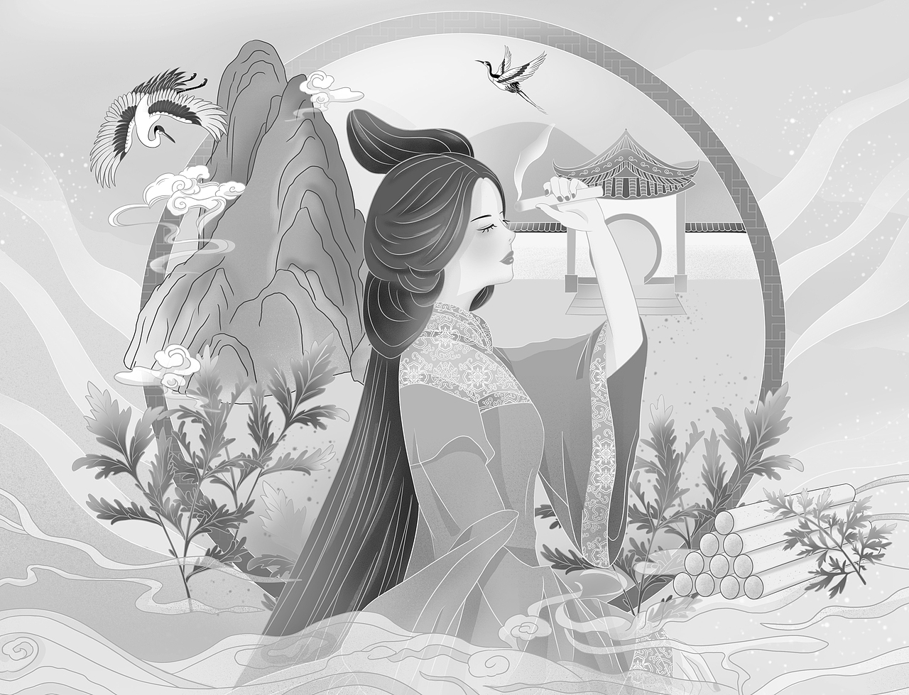 艾灸艾条艾草国风插画