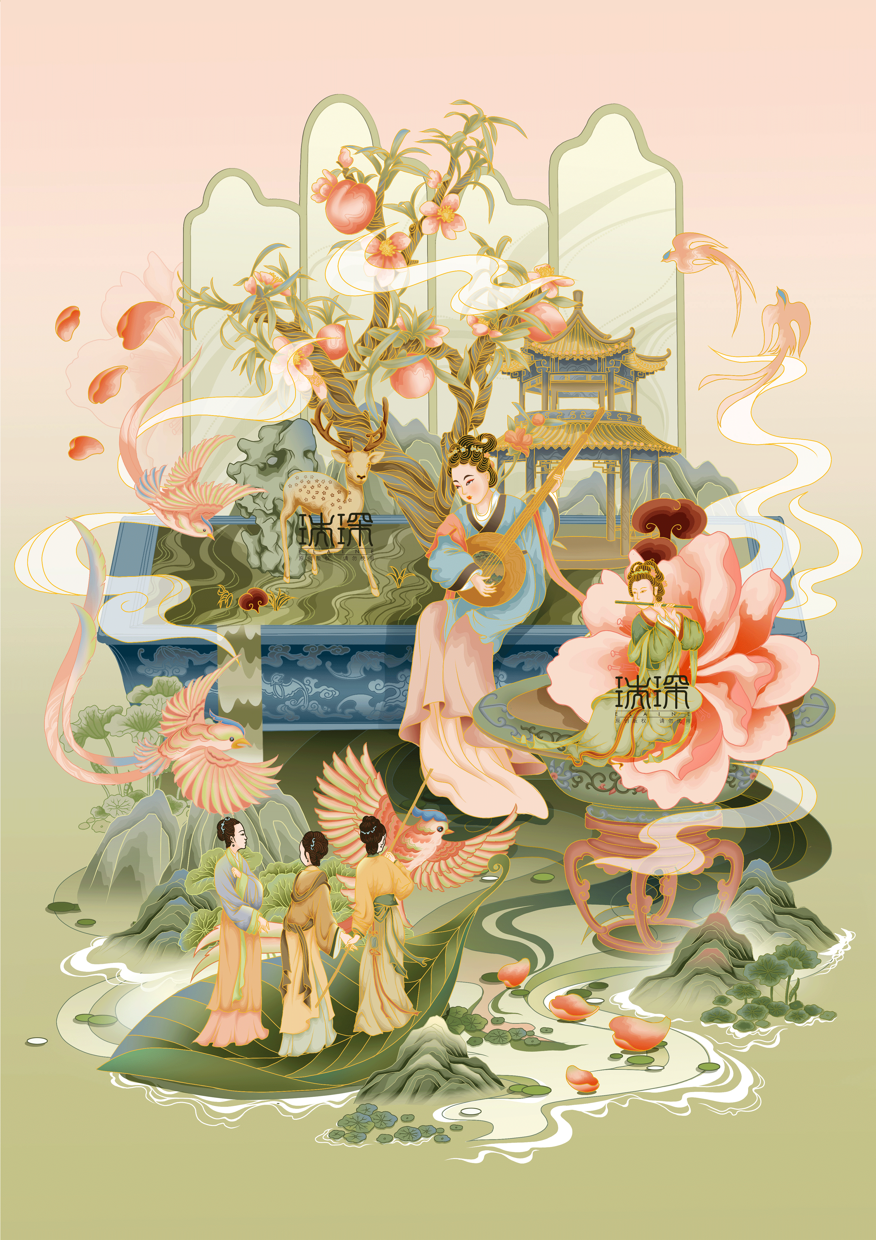 故宫宝石盆景仕女图 | 国潮商业插画