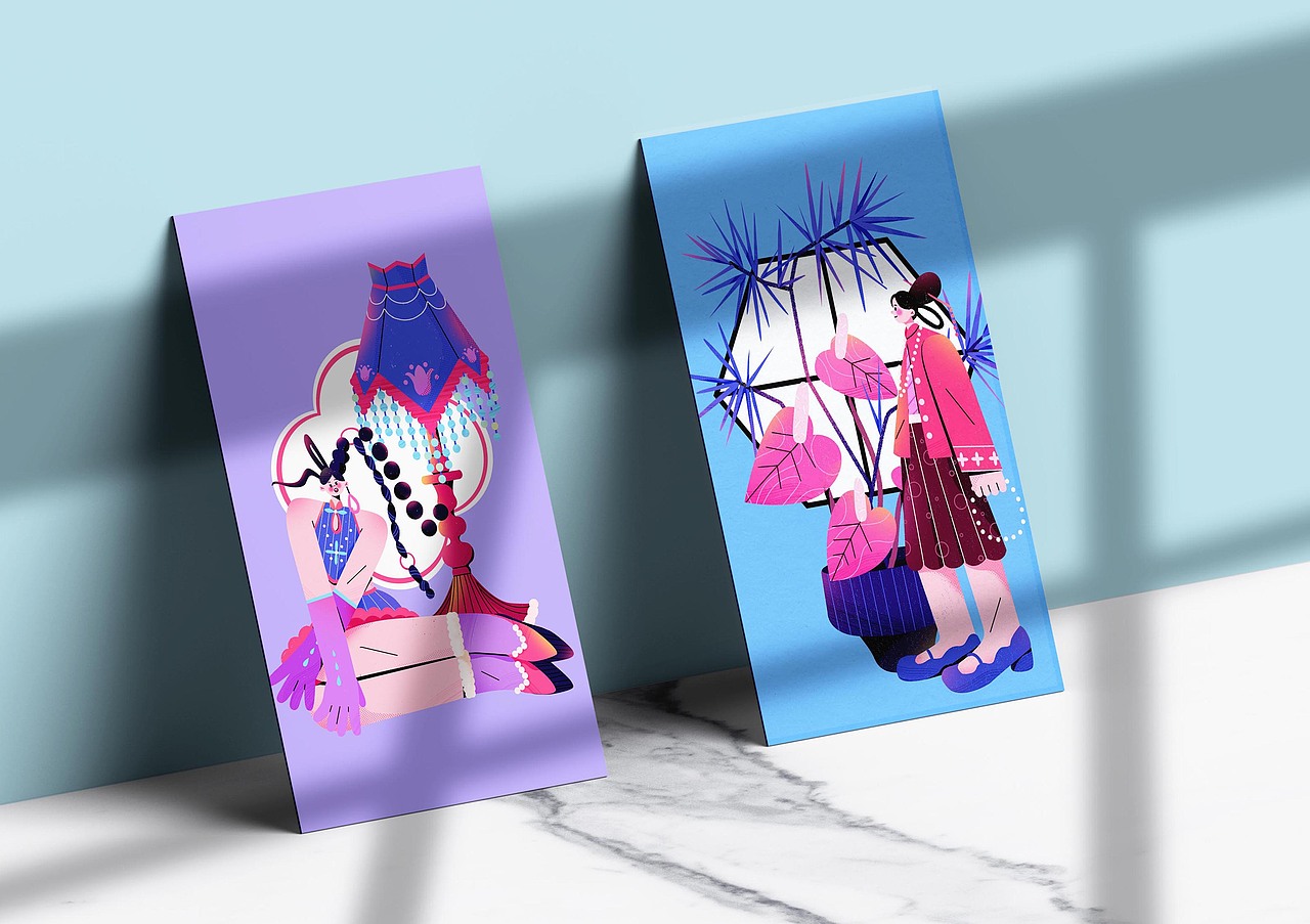 新中式女孩原创扁平插画