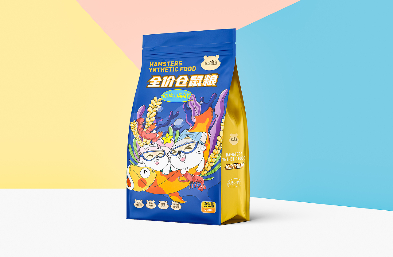 手绘卡通风格宠物粮包装袋设计