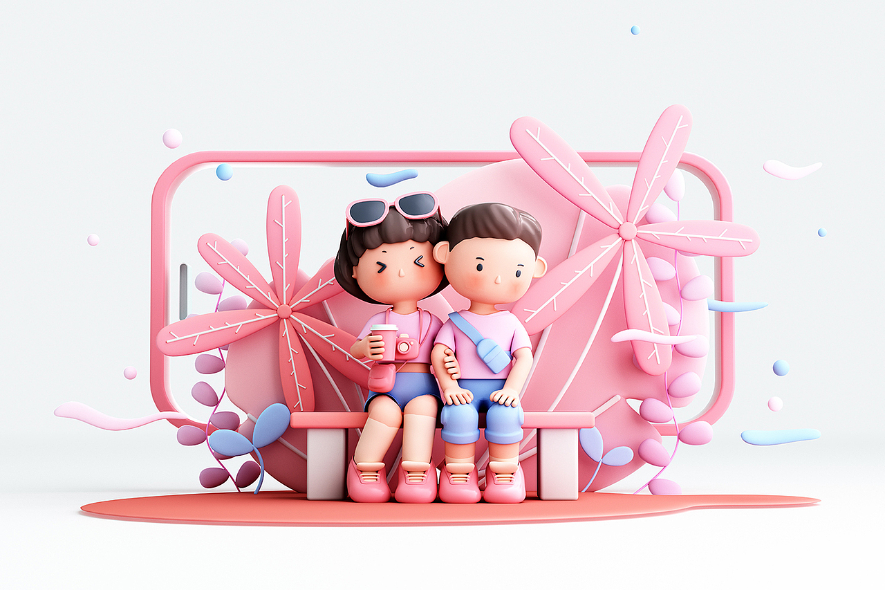 3D渲染的人物与家庭