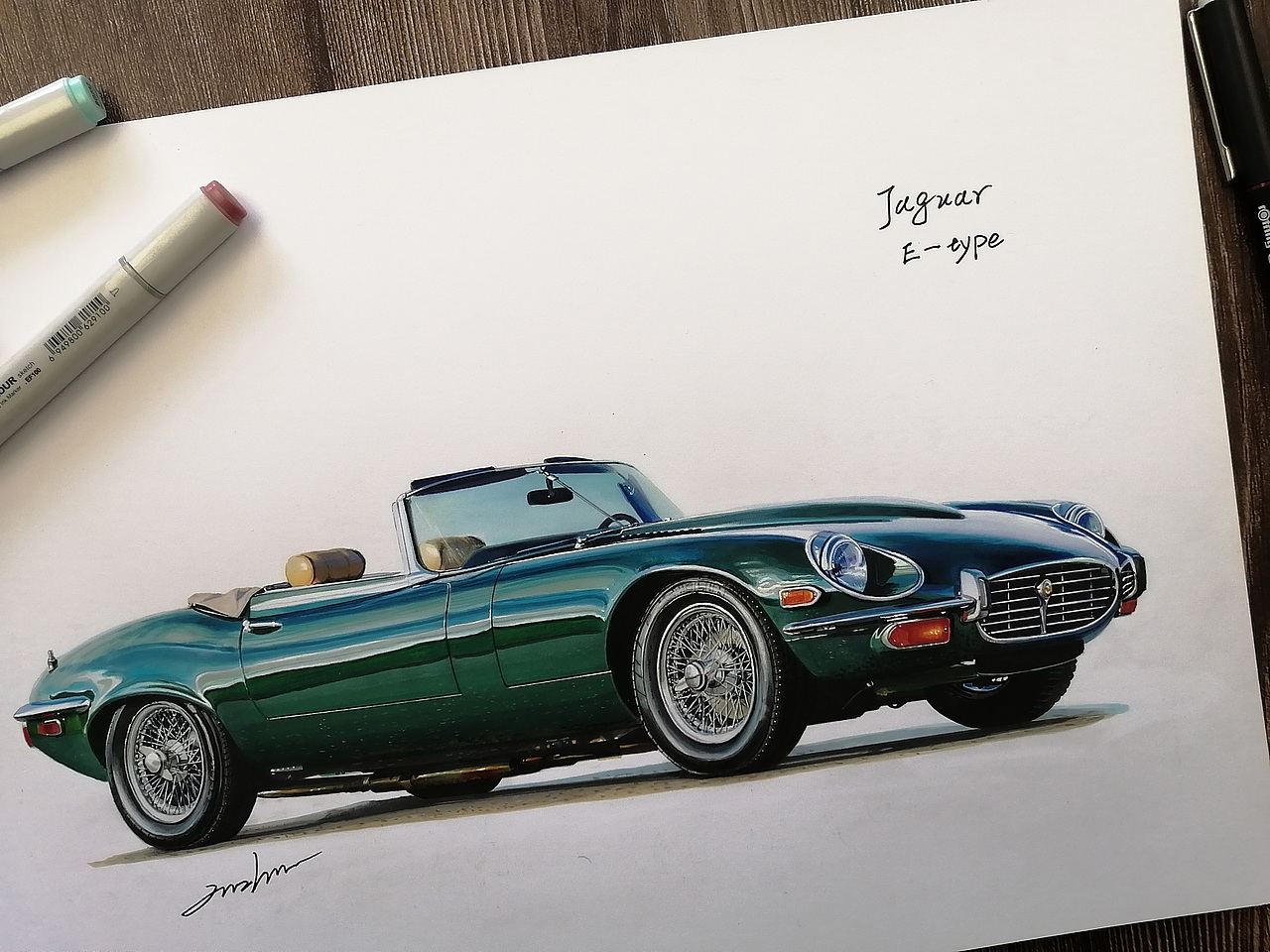 马克笔汽车手绘 捷豹 E-type