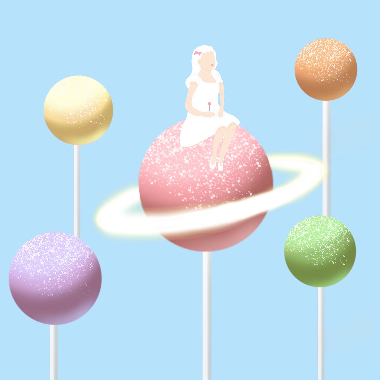 女孩坐在棒棒糖蛋糕上 Girl Sitting on Cake Pop