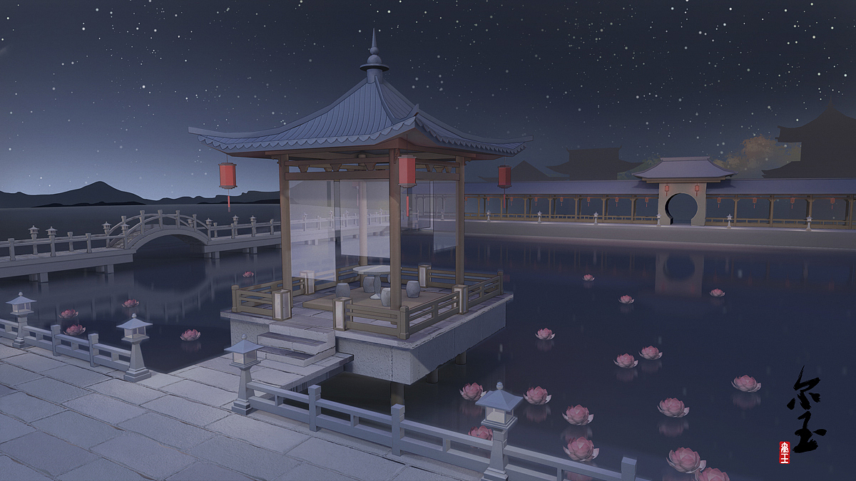 中国风场景插画-凉亭小景(3d辅助绘图)