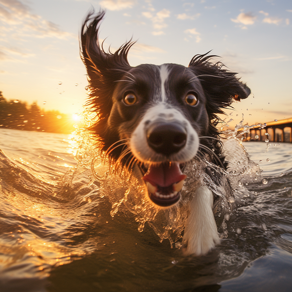 欢快明亮的边境牧羊犬在日落时分的河中游泳