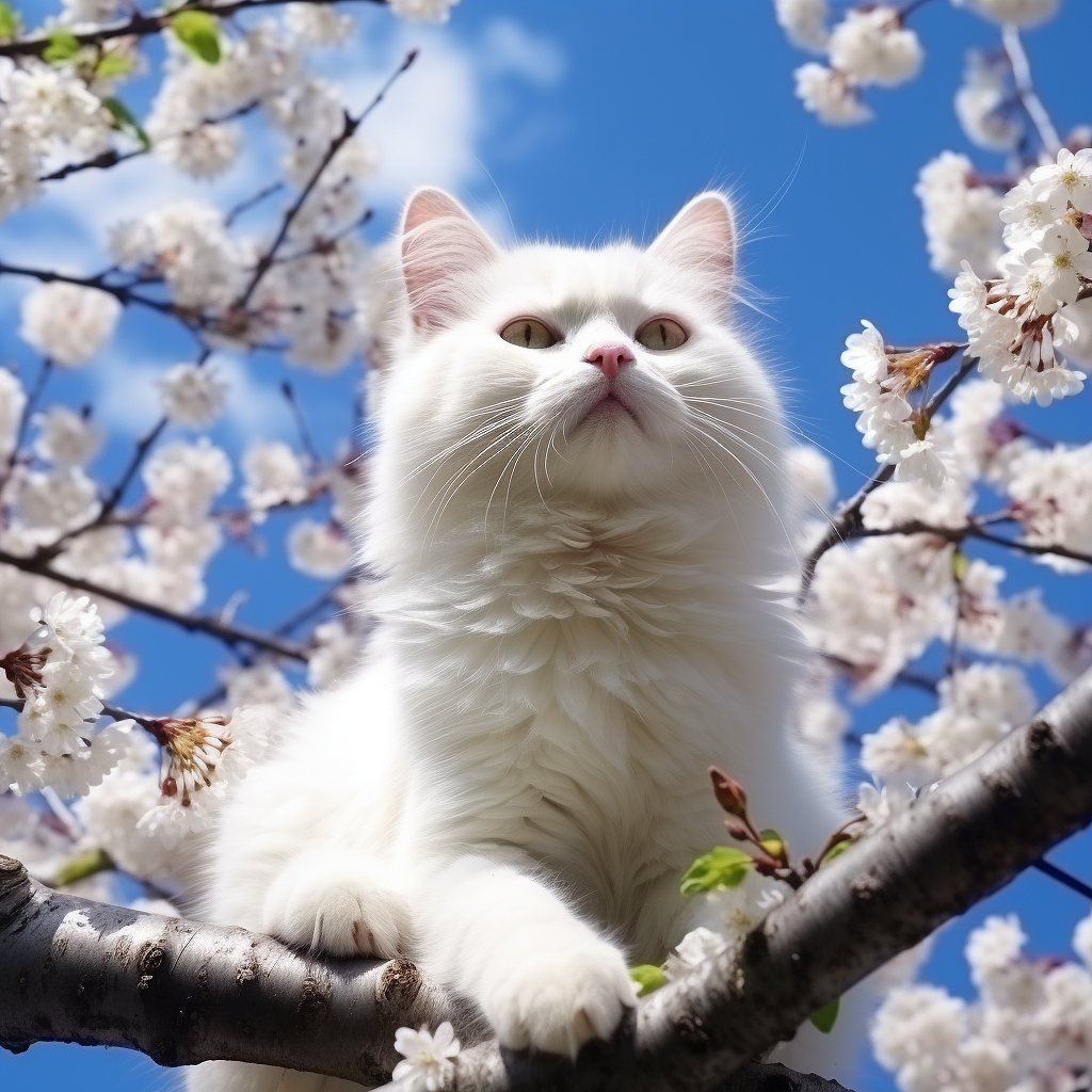 白猫坐在盛开的树上的照片