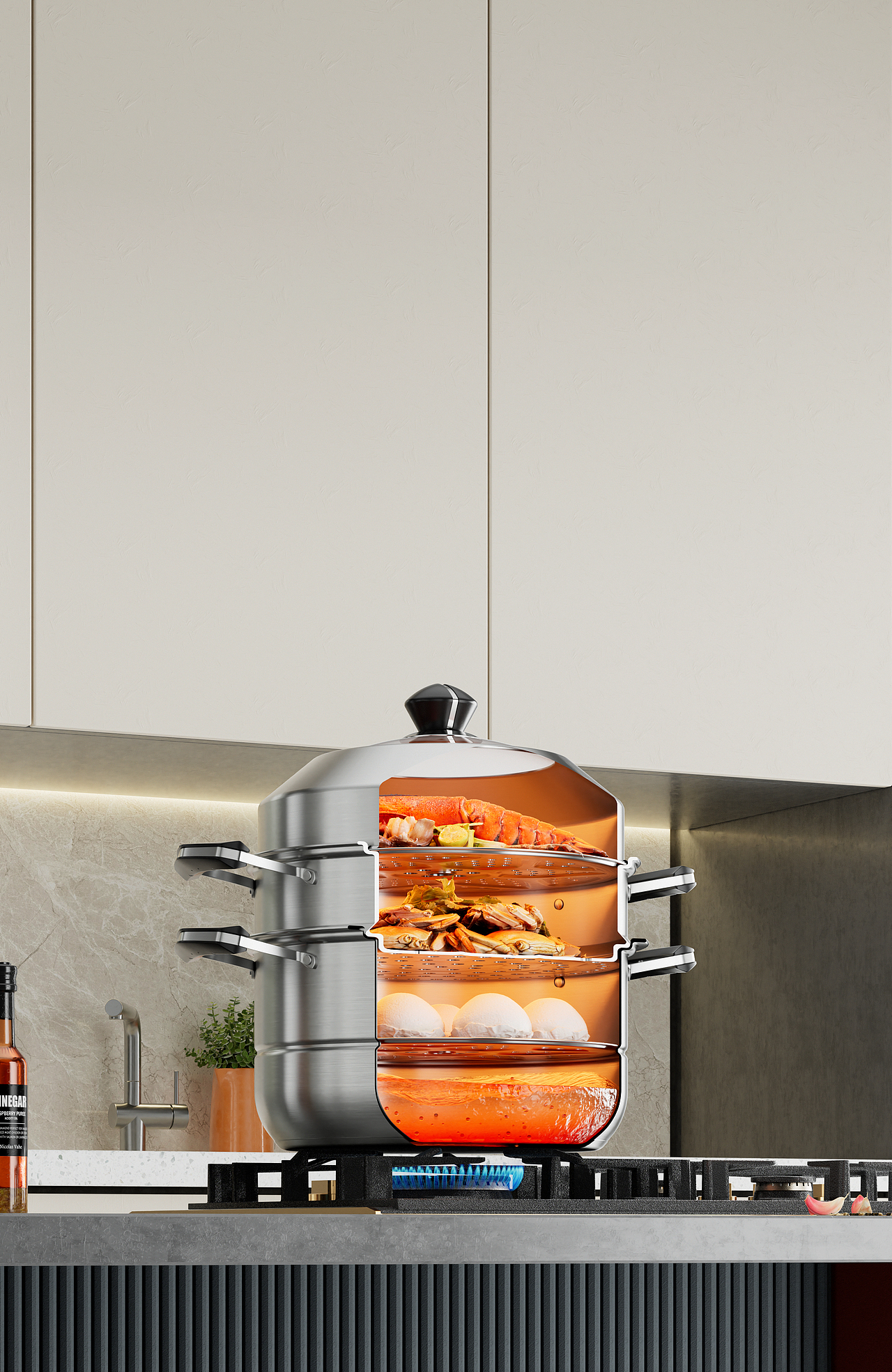 不锈钢蒸锅丨厨具丨3D丨C4D产品渲染 ✖ 德艺电商视觉