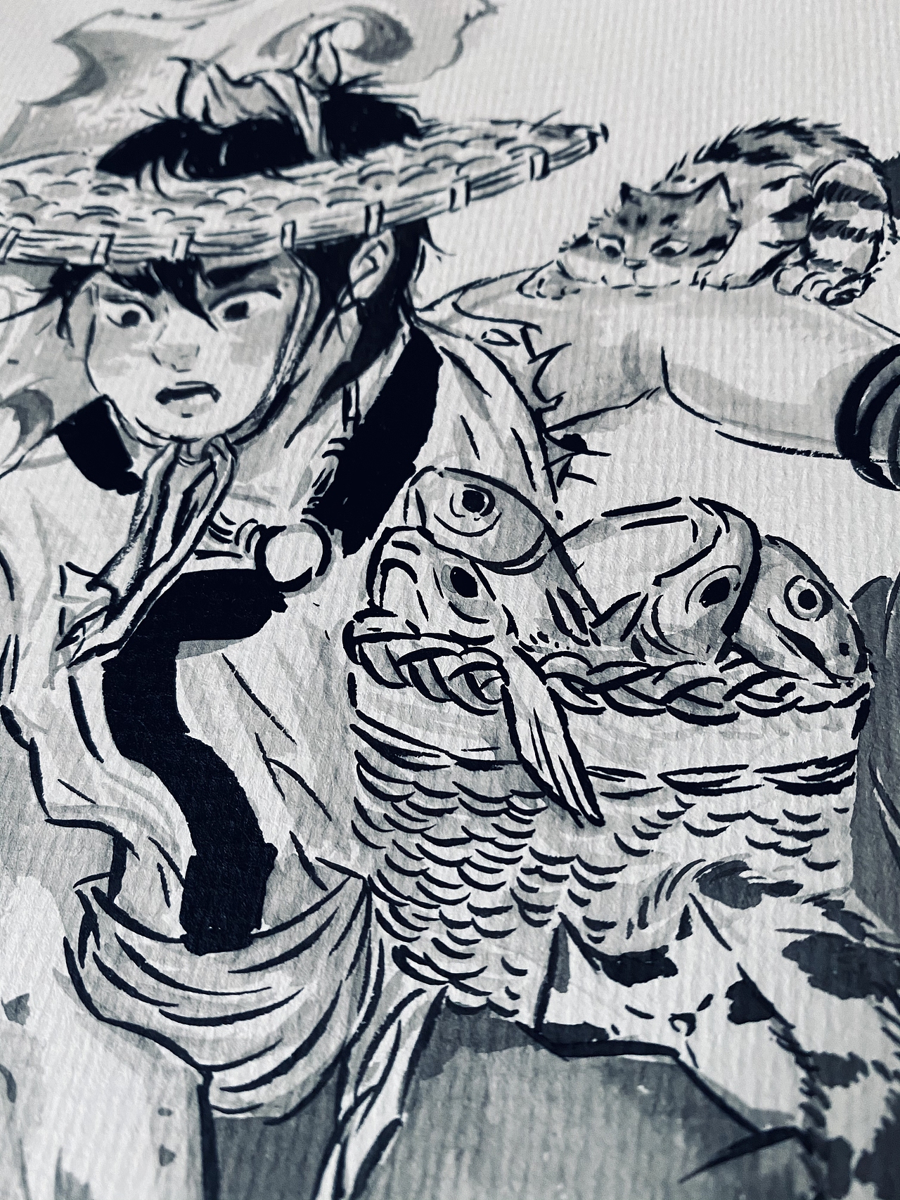 水墨-宝儿喂猫图