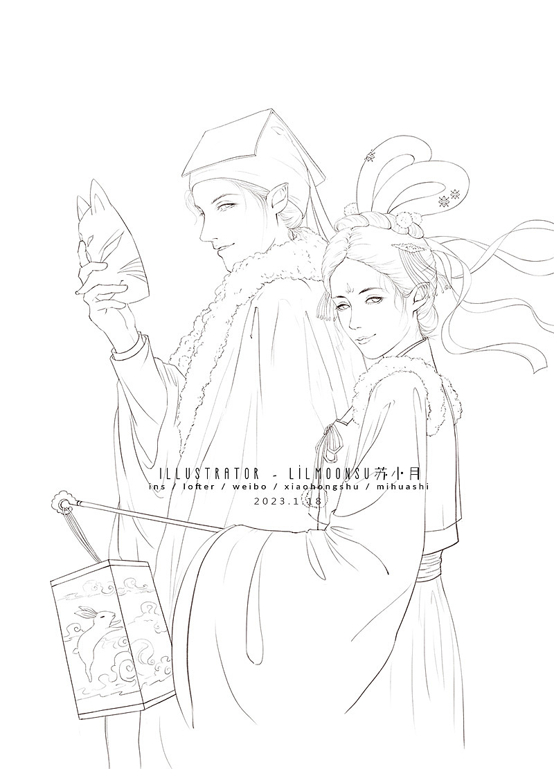 古风插画 ‖ 狐狸公子和心上人元宵逛灯会