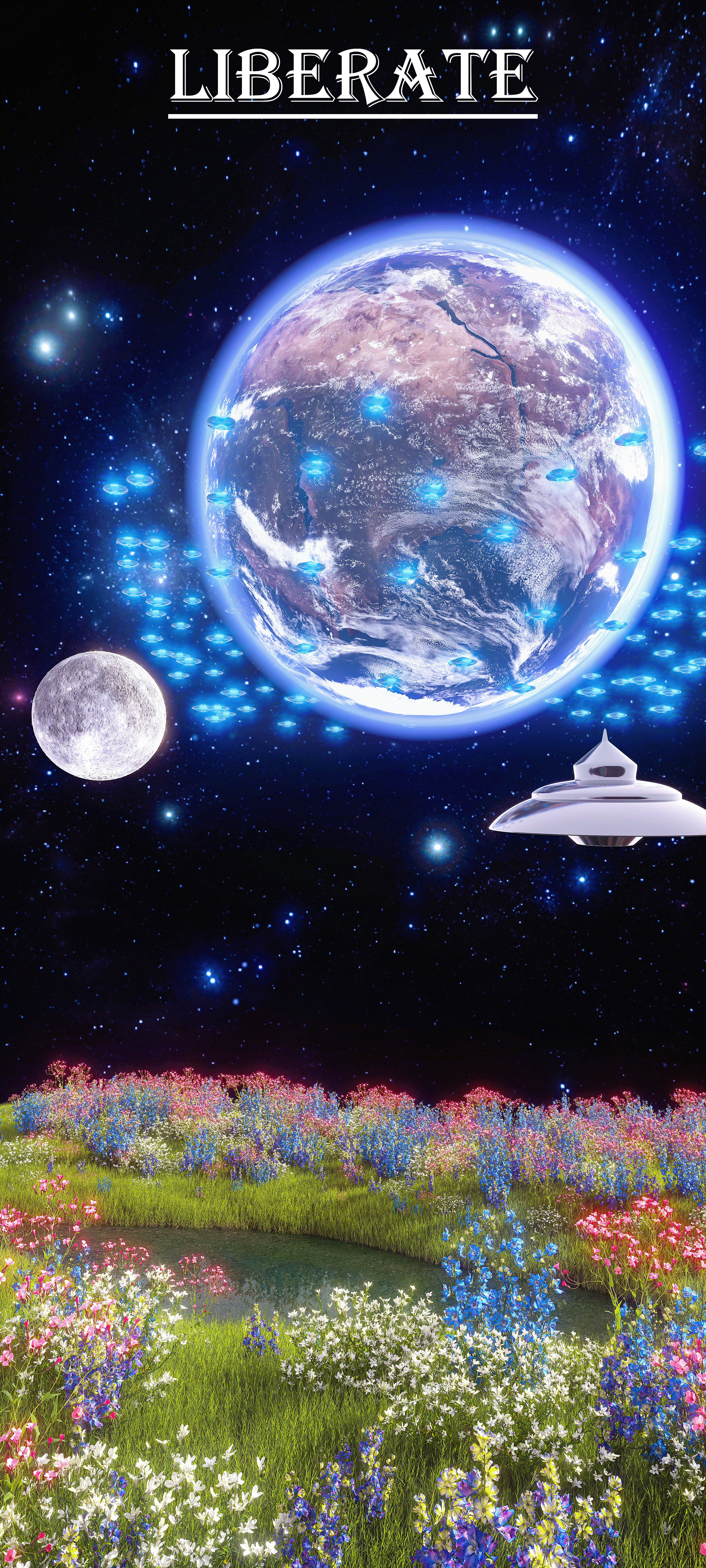 壁纸 花与草地 飞碟 地球 星空 光