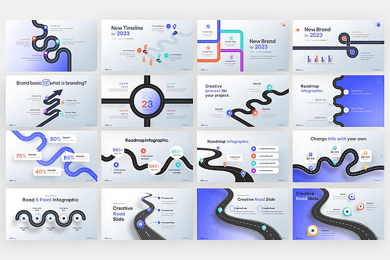19页创意道路图形发展历程时间轴信息图形图表PPT模板