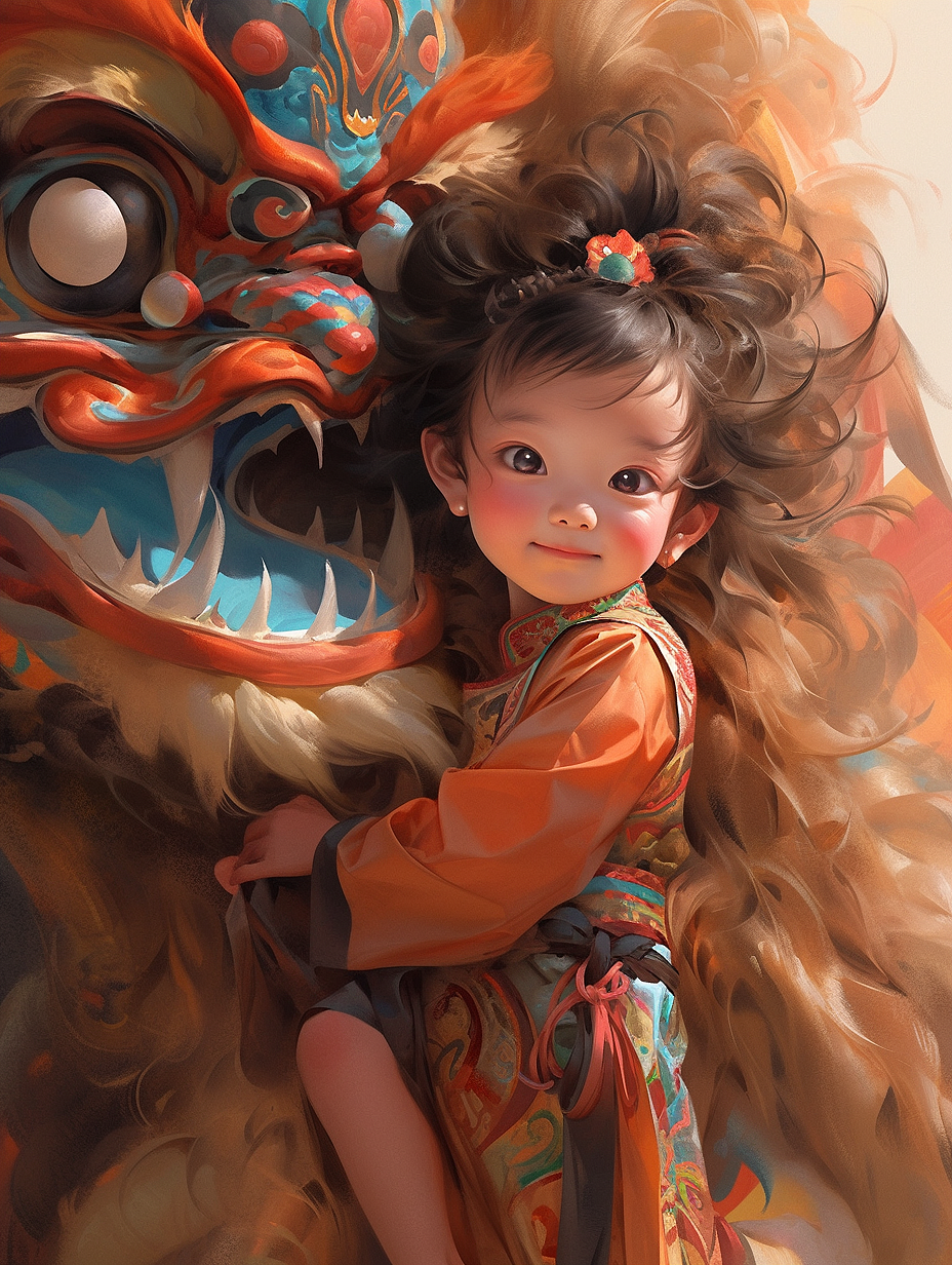 AI绘画 国风舞狮女孩