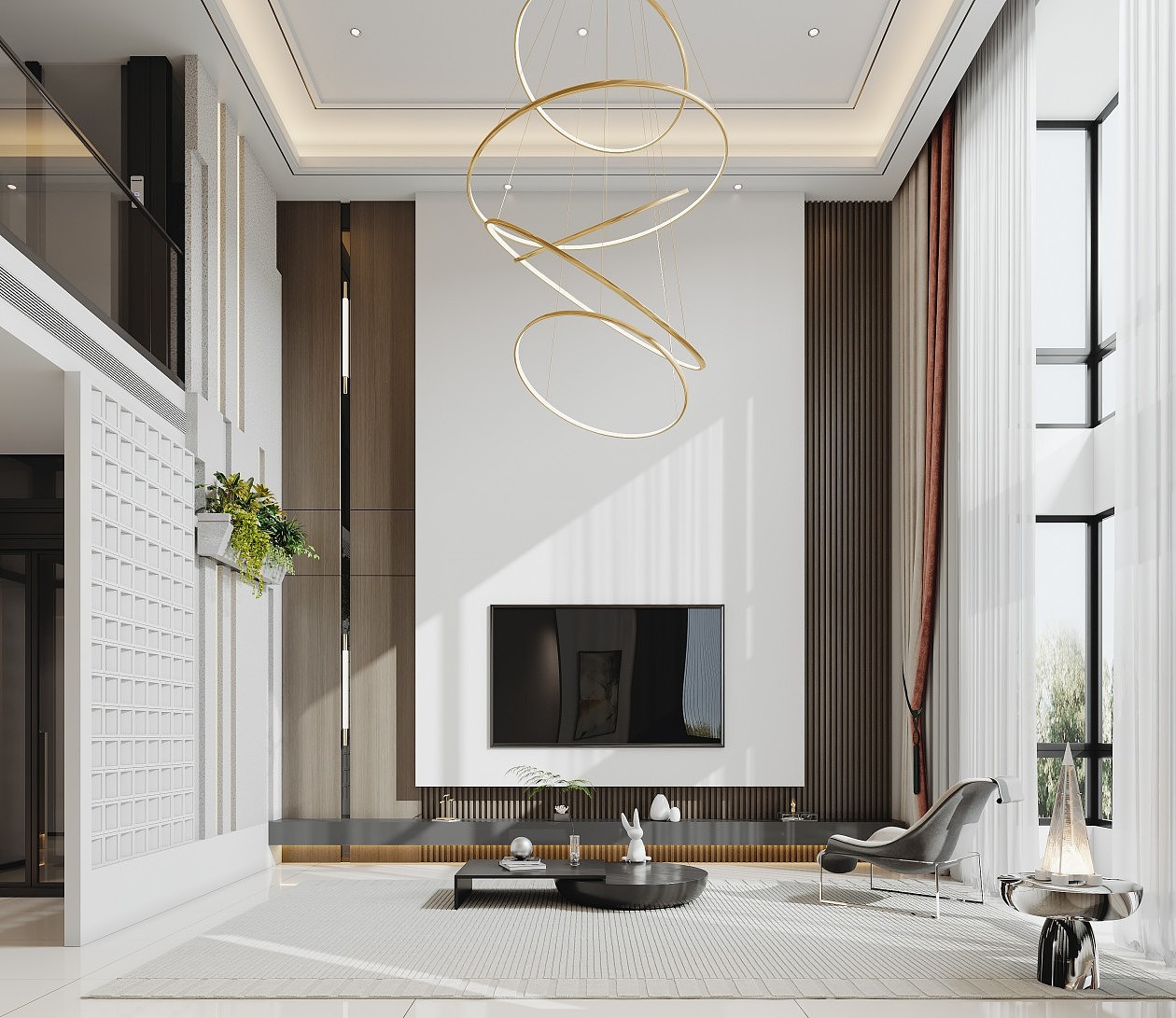 现代轻奢挑空别墅效果图表现