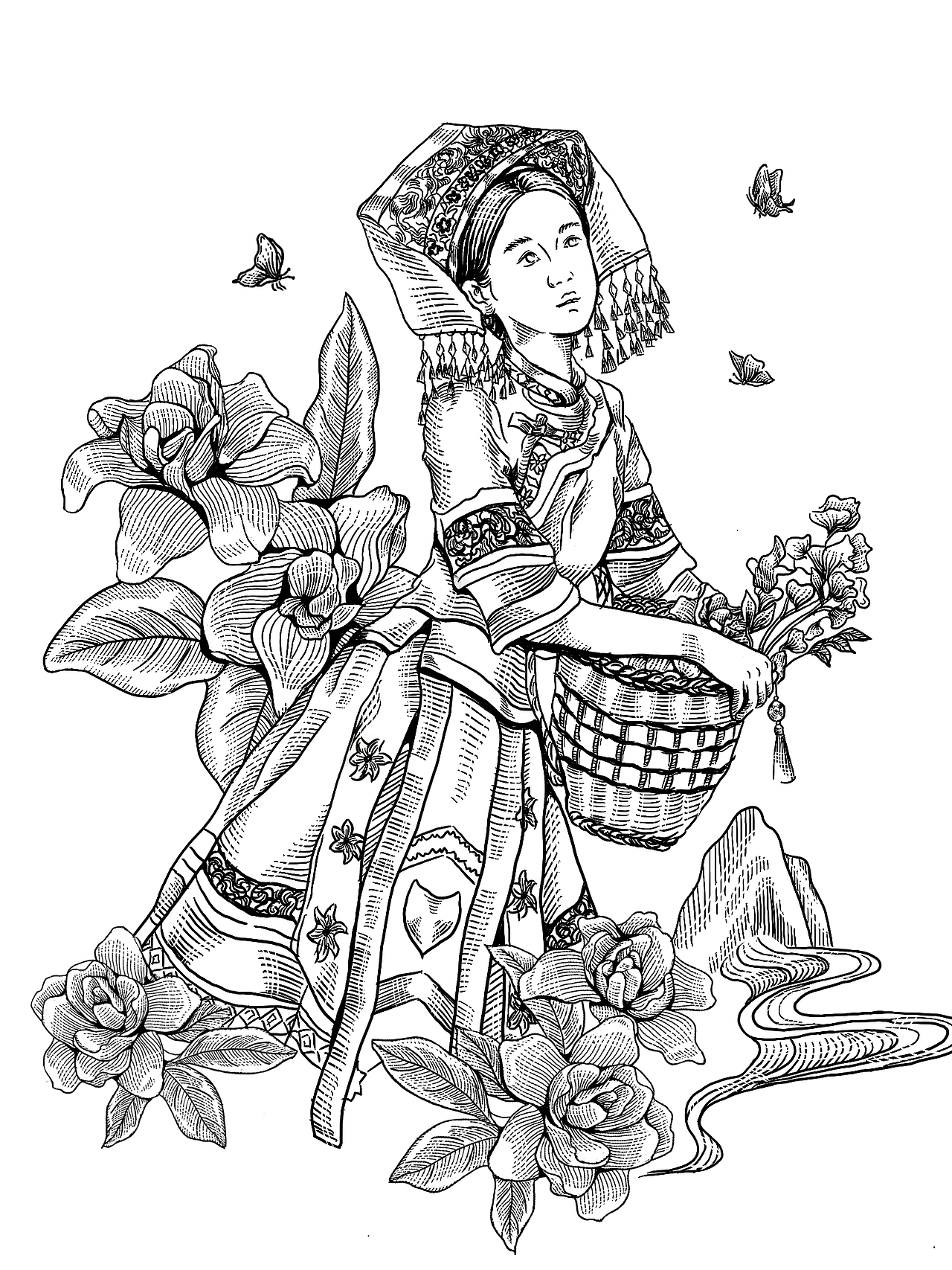 民族少女与栀子花香水包装/版画风/包装设计