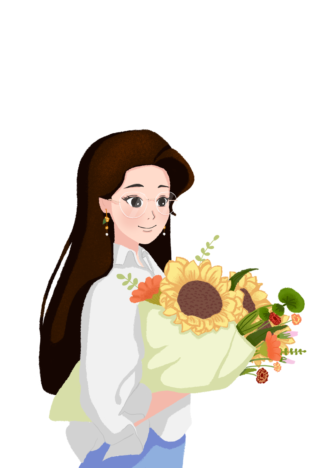 老师向日葵花束白衬衫长发美丽女教师