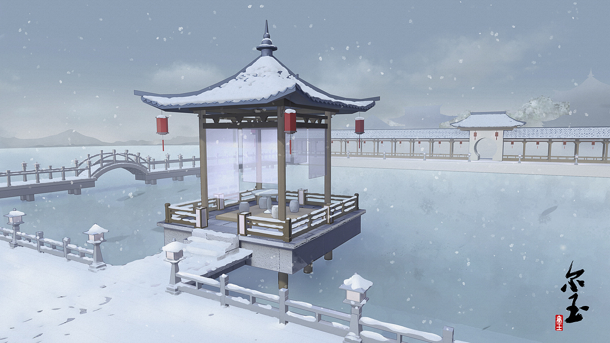 中国风场景插画-凉亭小景(3d辅助绘图)