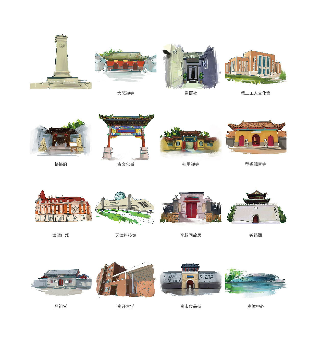天津地标建筑手绘