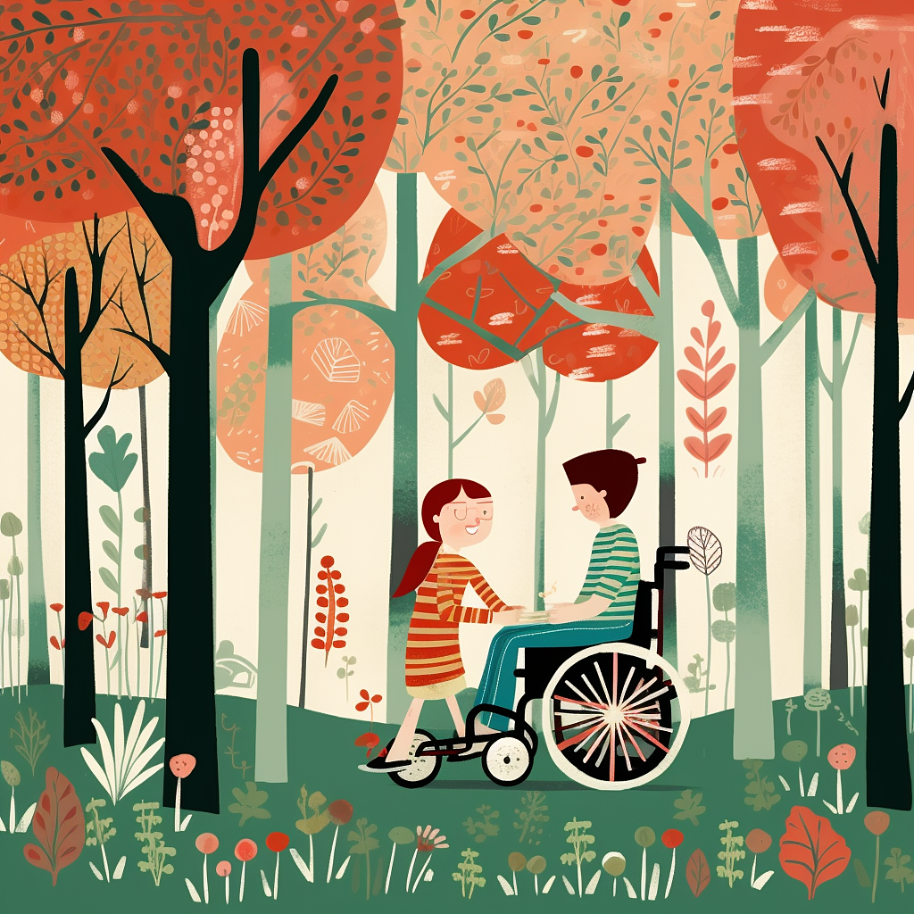 童书风格森林中轮椅情侣