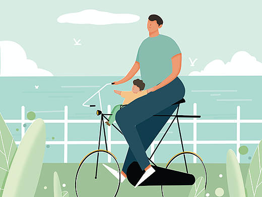 在海边骑自行车的父子（个人主页-ZNjA0MTEyMzI=） - 商业插画 - 站酷设计师加一Kayi原创素材 - 站酷ZCOOL