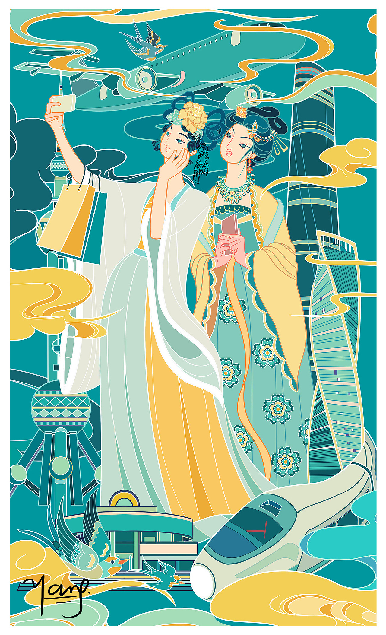 国风线性插画-古画今画