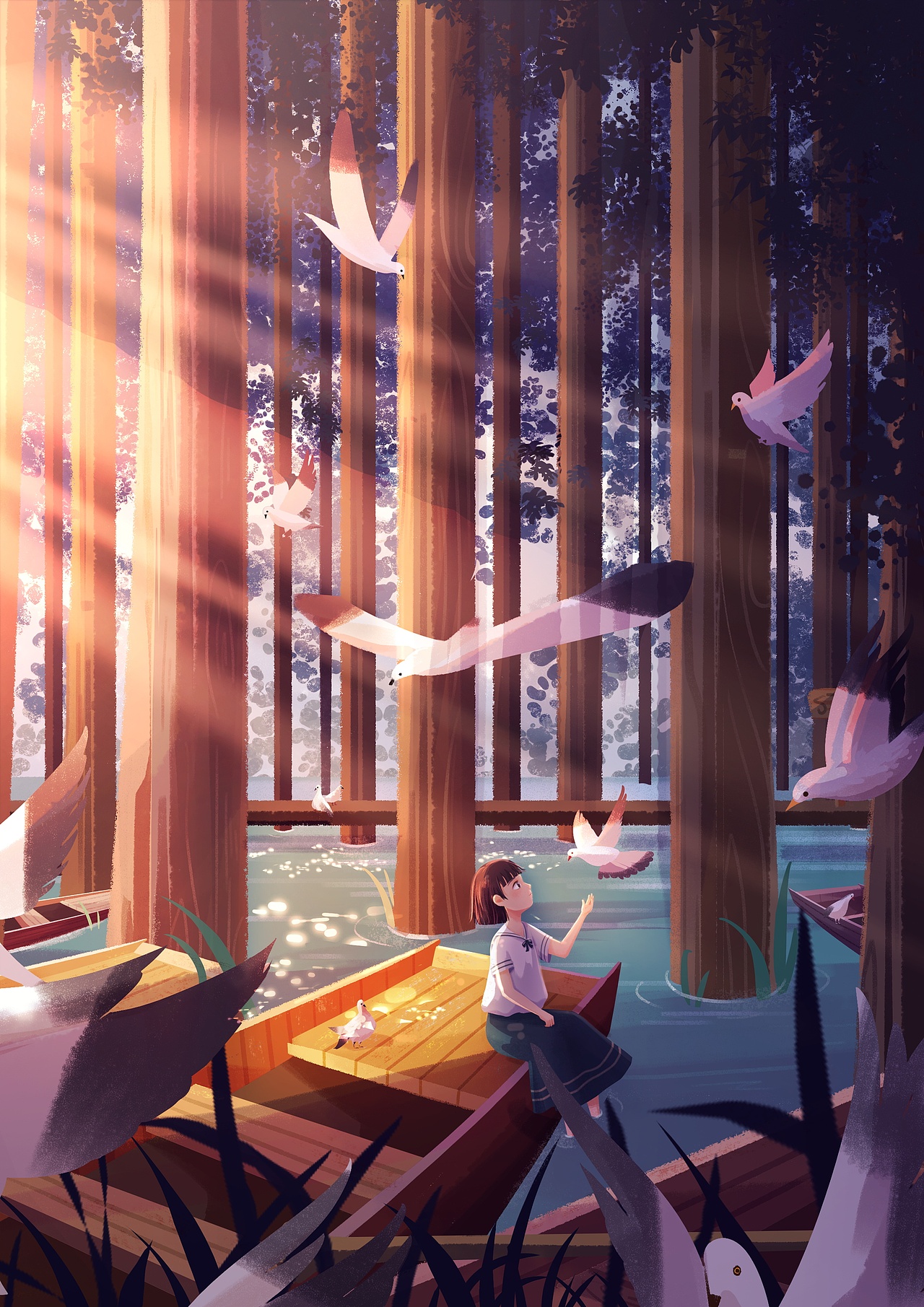 本来只想画船,后来觉得加上鸟更有生命力,我喜欢一切有生命力的东西