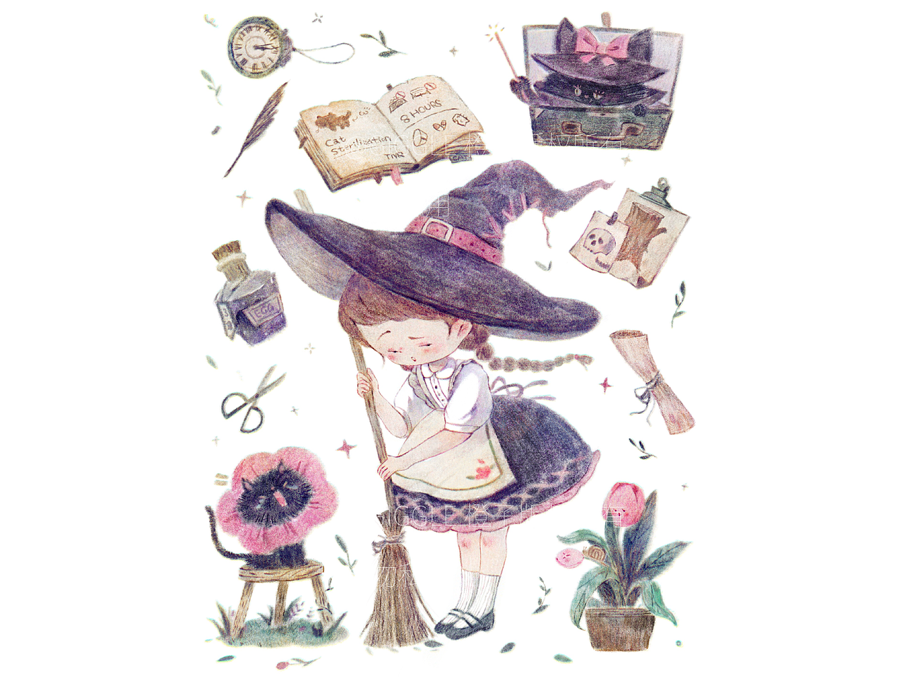 「小魔女与黑猫」人物插画 X 贴纸