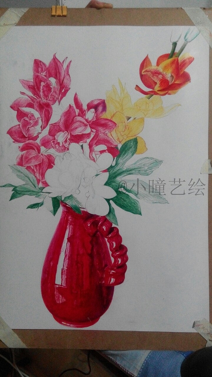 彩色圆珠笔手绘瓶中花（1）——@小曈艺绘