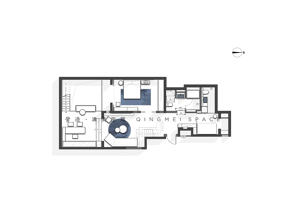 设计后负一层平面图
<br>  【-1F】<br>·主卧&氧吧联动：主卧南向挑空区域加电动伸缩窗，可开可合；<br>·基础功能丰富：北向空间划分洗衣区，卫生间；<br>·爱好小天地：植物园中打造“绿林茶室”，品茶、插花、阅读......