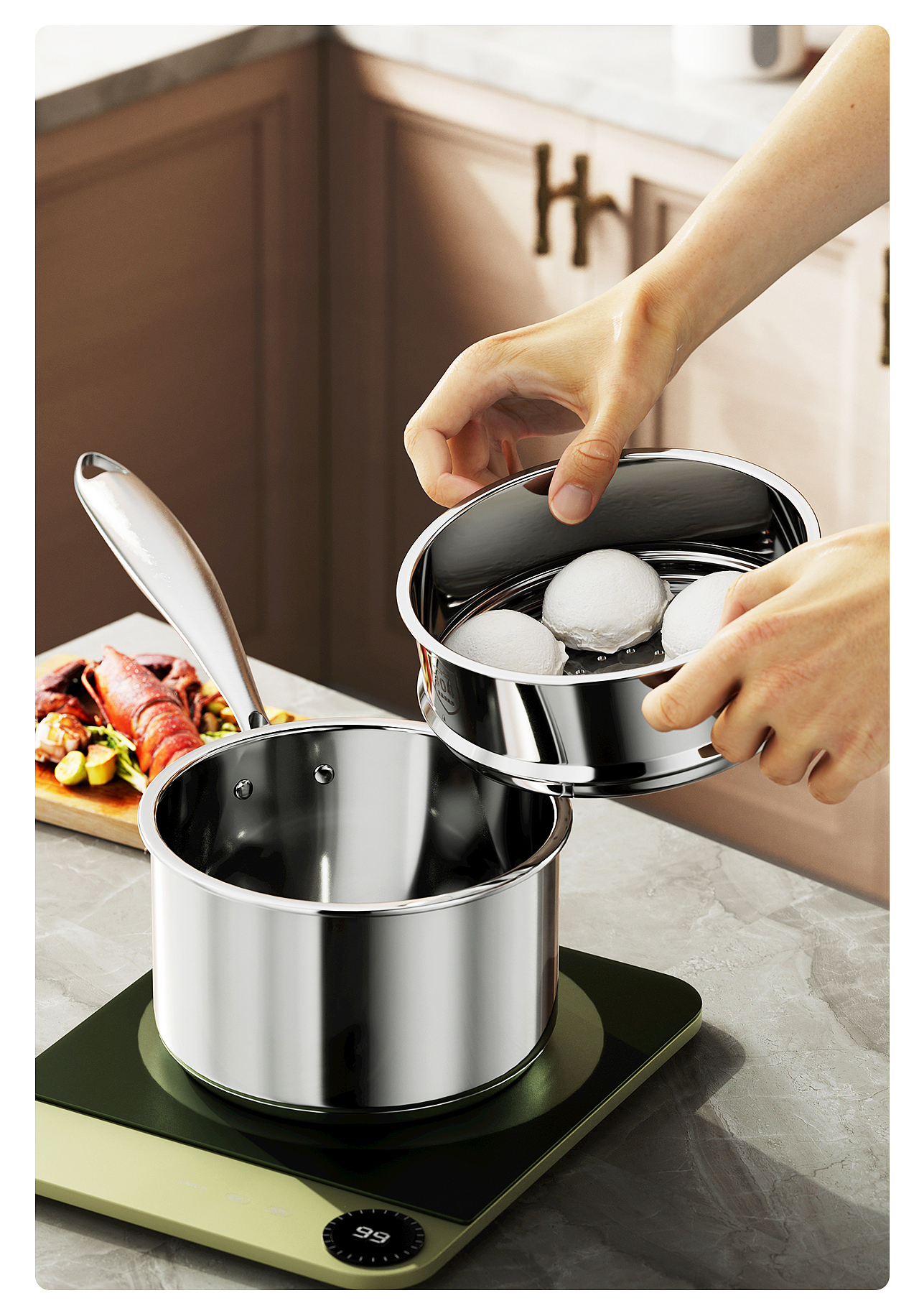 不锈钢汤奶锅丨详情丨C4D产品渲染 ✖ 德艺电商视觉