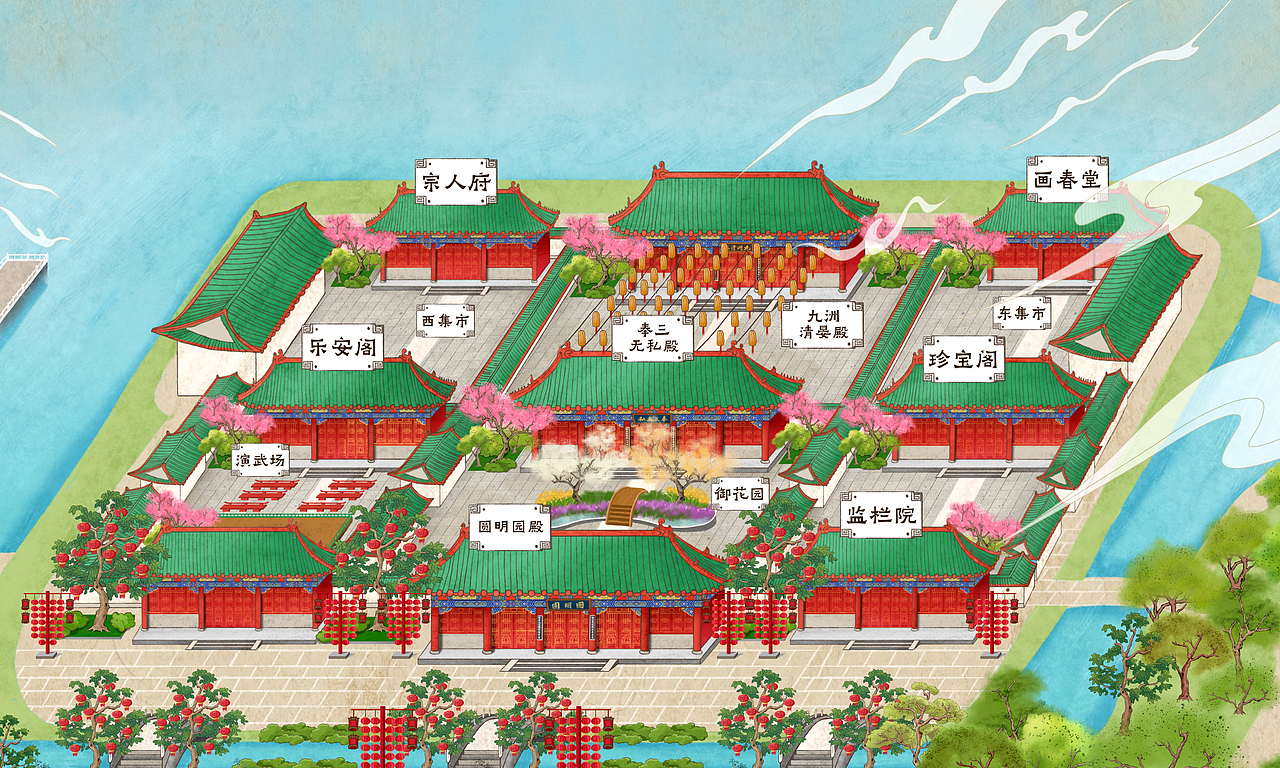 圆明新园景区手绘地图（图ZMzY5NTk3MTAw） - 商业插画 - 站酷设计师一述原创素材 - 站酷ZCOOL